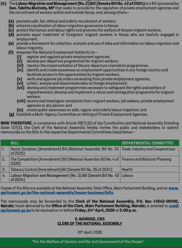 Sacco bill 2 Parliament seeks public views on Sacco reform bill that could reshape Kenya's cooperative finance sector The Sacco Societies (Amendment) Bill, 2025, proposes sweeping changes, including the creation of secondary Saccos and a revamped Deposit Guarantee Fund. Kenyans have until April 24 to weigh in.